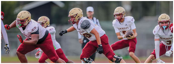 People wearing football helmets and uniforms are running on a field, with one person holding a football and others in motion around them. Description generated by AI