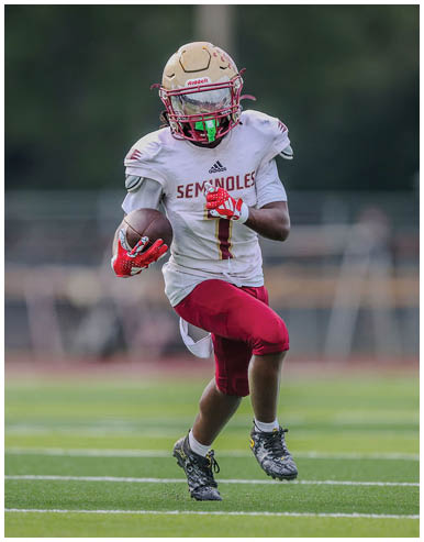 A person wearing a football uniform with a helmet and gloves is running on a grassy field while holding a football. Description generated by AI