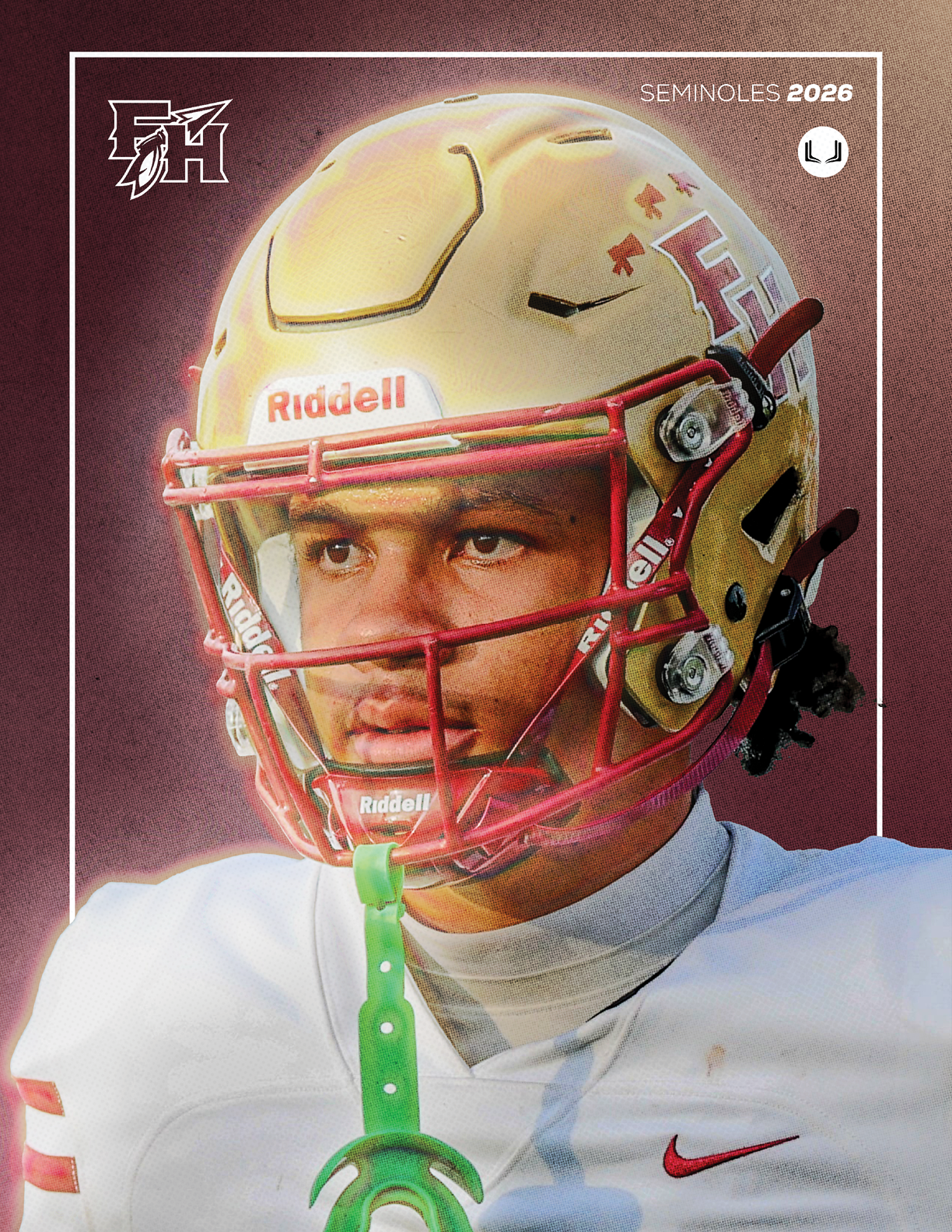 A person wearing a gold football helmet with red faceguard and a white jersey with red stripes and a red Nike logo is looking to the side. Description generated by AI