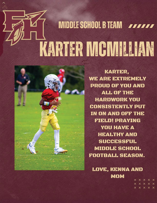 A child in football gear running on a field is featured alongside text expressing pride and well wishes for a successful middle school football season from family members. Description generated by AI