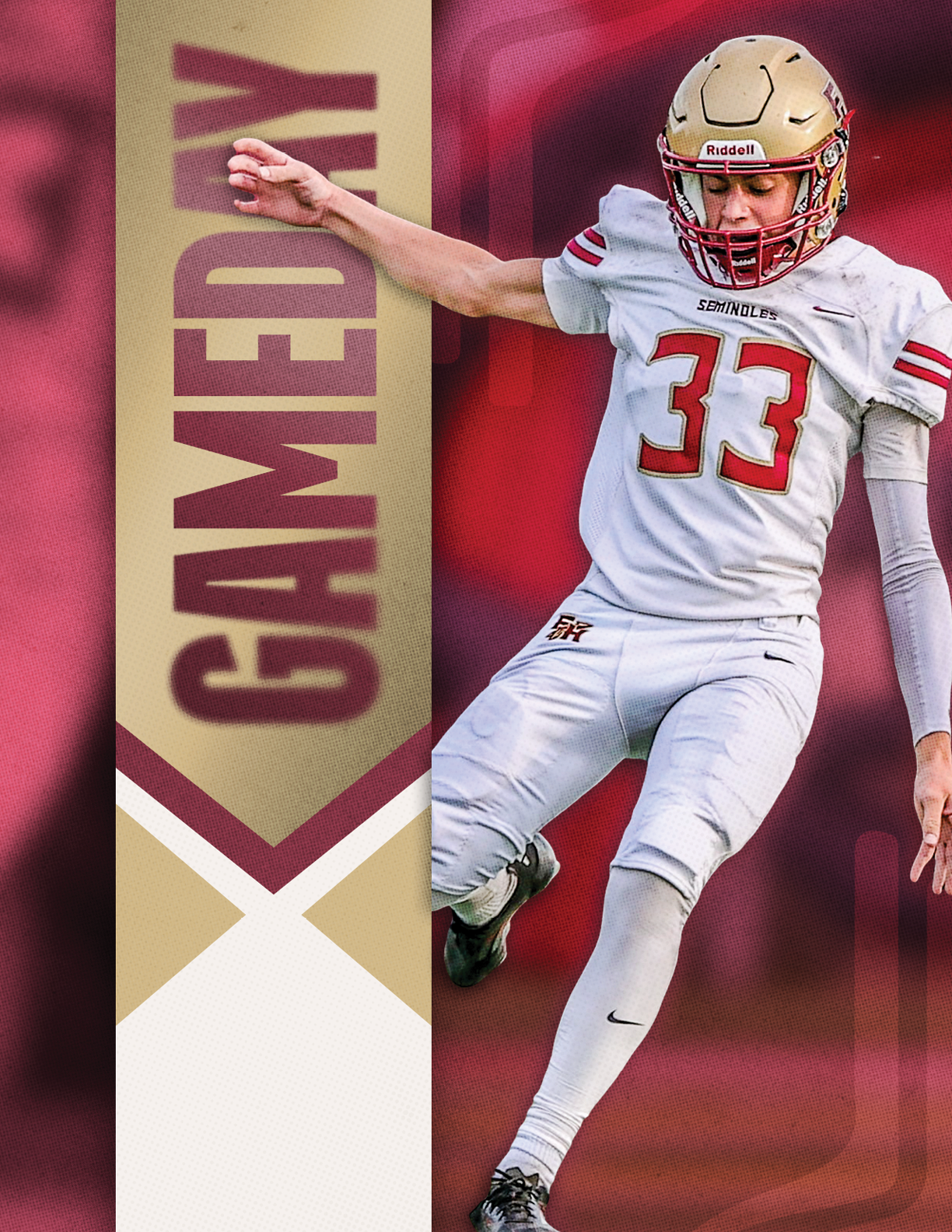 A person wearing a maroon and gold football uniform with the number 4 is running while holding a football next to a vertical banner that says GAMEDAY. Description generated by AI