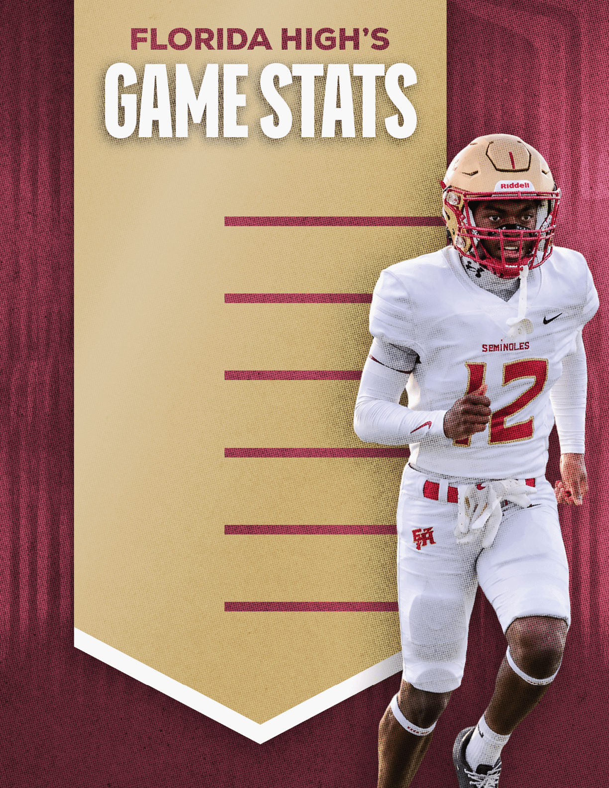 A person in a white football uniform with the number 12 is giving a thumbs-up next to a banner that reads Florida High's Game Stats. Description generated by AI