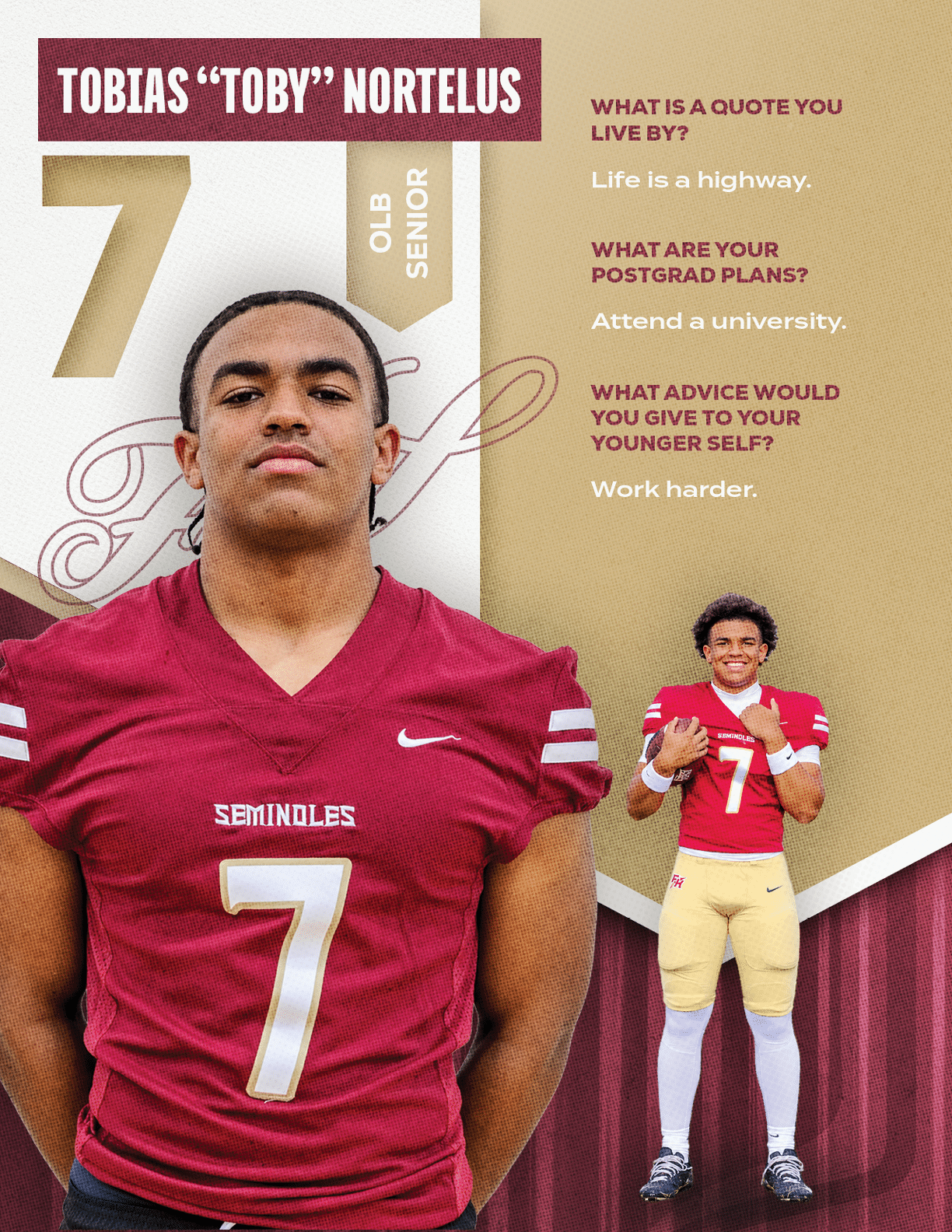 Adult wearing a football uniform with the number seven stands confidently with arms behind back alongside text sharing personal quotes and future plans. Description generated by AI