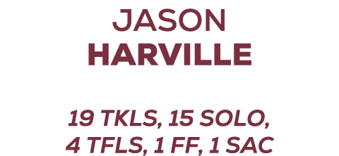 Jason Harville 19 TKLs, 15 SOLO, 4 TFls, 1 FF, 1 SAC
