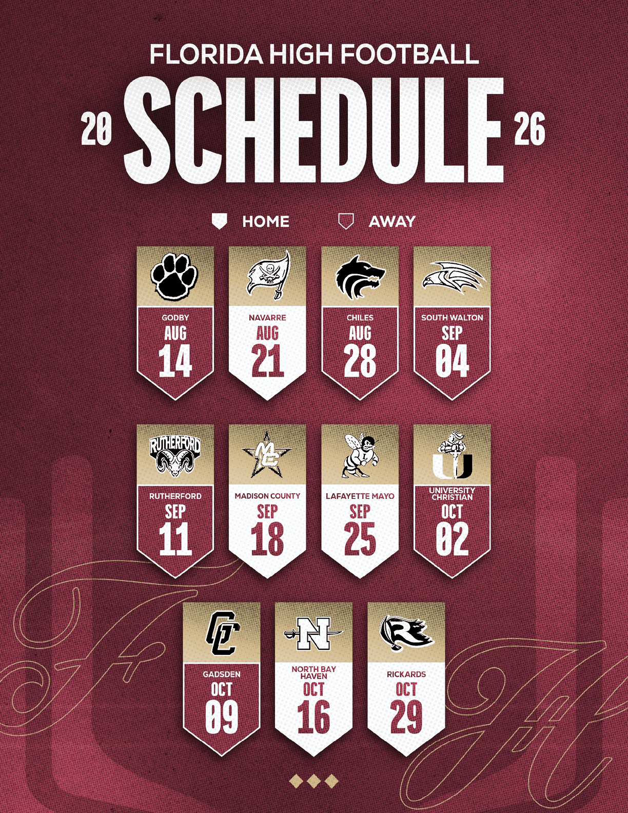 The Florida High Football 2026 schedule is displayed with team logos and dates for home and away games on a maroon textured background. Description generated by AI