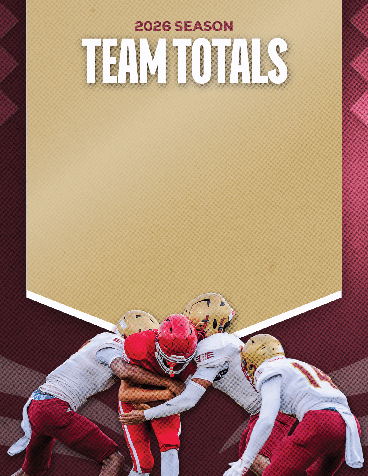Three people in football uniforms are engaged in a tackle with one person in a red uniform holding the ball while two others in white and maroon uniforms attempt to stop them under a banner reading 2026 season team totals. Description generated by AI
