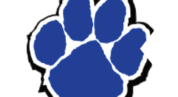 A blue paw print with a white outline and a black shadow on a white background. Description generated by AI