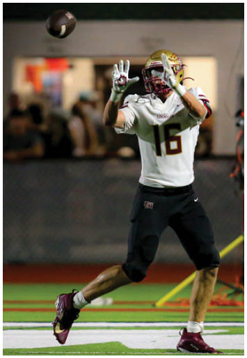 A person wearing a football uniform with a gold helmet and black knee braces is in a crouched position on a football field, appearing ready to engage in a play. Description generated by AI