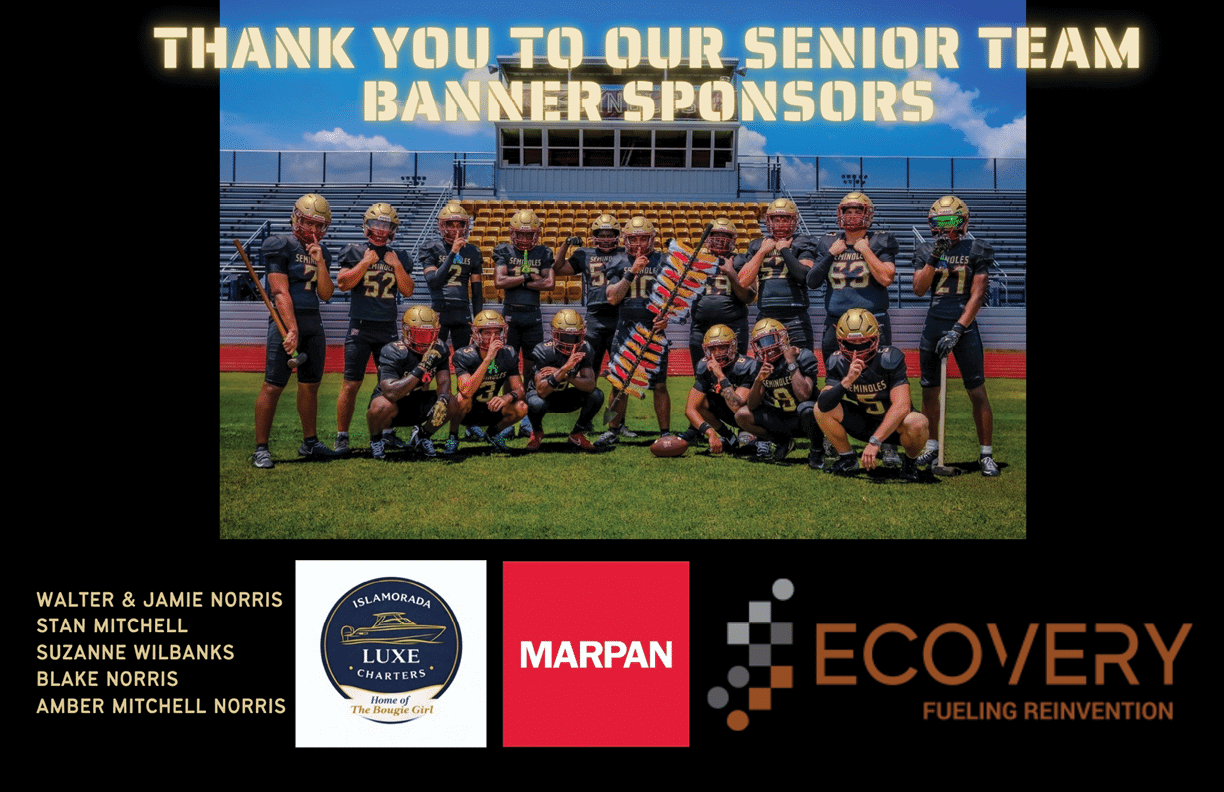 A group of people in football uniforms pose on a field with a banner above thanking senior team banner sponsors and logos of sponsors below. Description generated by AI