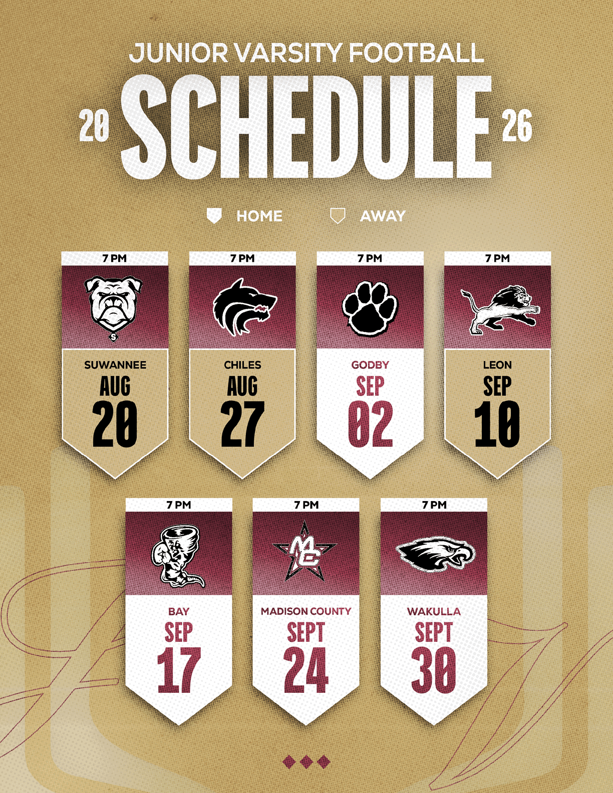 The 2026 junior varsity football schedule is displayed with team logos, game dates, and times, distinguishing home and away games on a beige background with a football field design. Description generated by AI