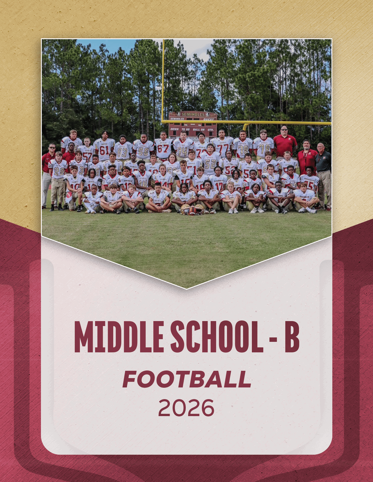 A large group of people in red and white football uniforms pose together on a grassy field with trees and a scoreboard in the background above the text reading varsity football 2026. Description generated by AI