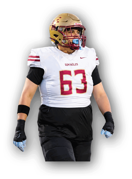 A person wearing a football uniform with a gold helmet, white jersey numbered 63 with “Seminoles" text, black pants, and gloves is standing. Description generated by AI