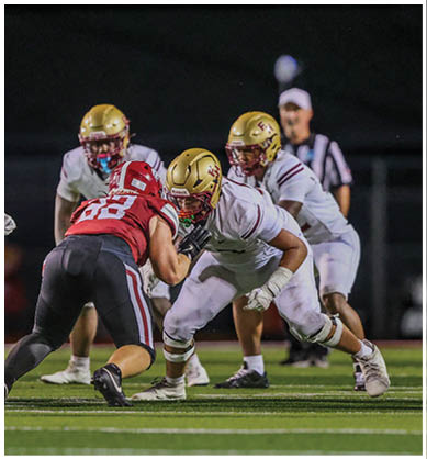 People wearing football uniforms are engaged in a play on a well-lit field at night with a referee in the background. Description generated by AI