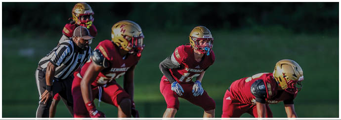 Several people in football uniforms and helmets are positioned on a field preparing for a play, with a referee standing nearby. Description generated by AI