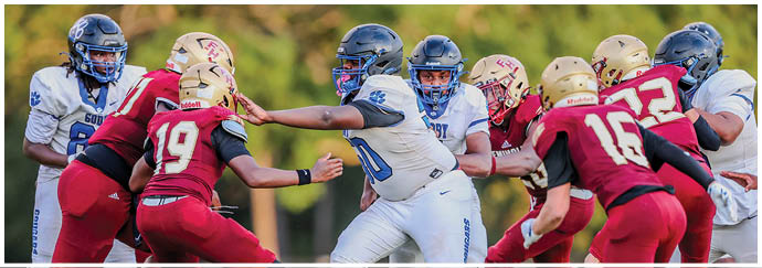 People wearing football helmets and uniforms are engaged in a play on a grassy field with some players in red and others in white and blue. Description generated by AI