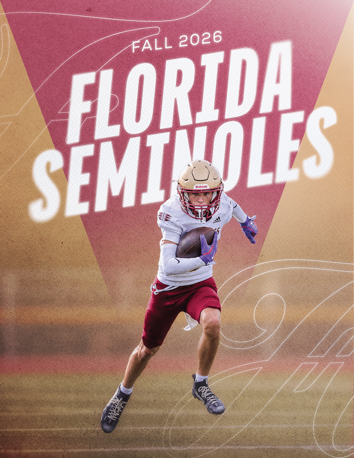 An adult wearing a football uniform and helmet is running with a football on a field with a background that says Fall 2026 Florida Seminoles. Description generated by AI