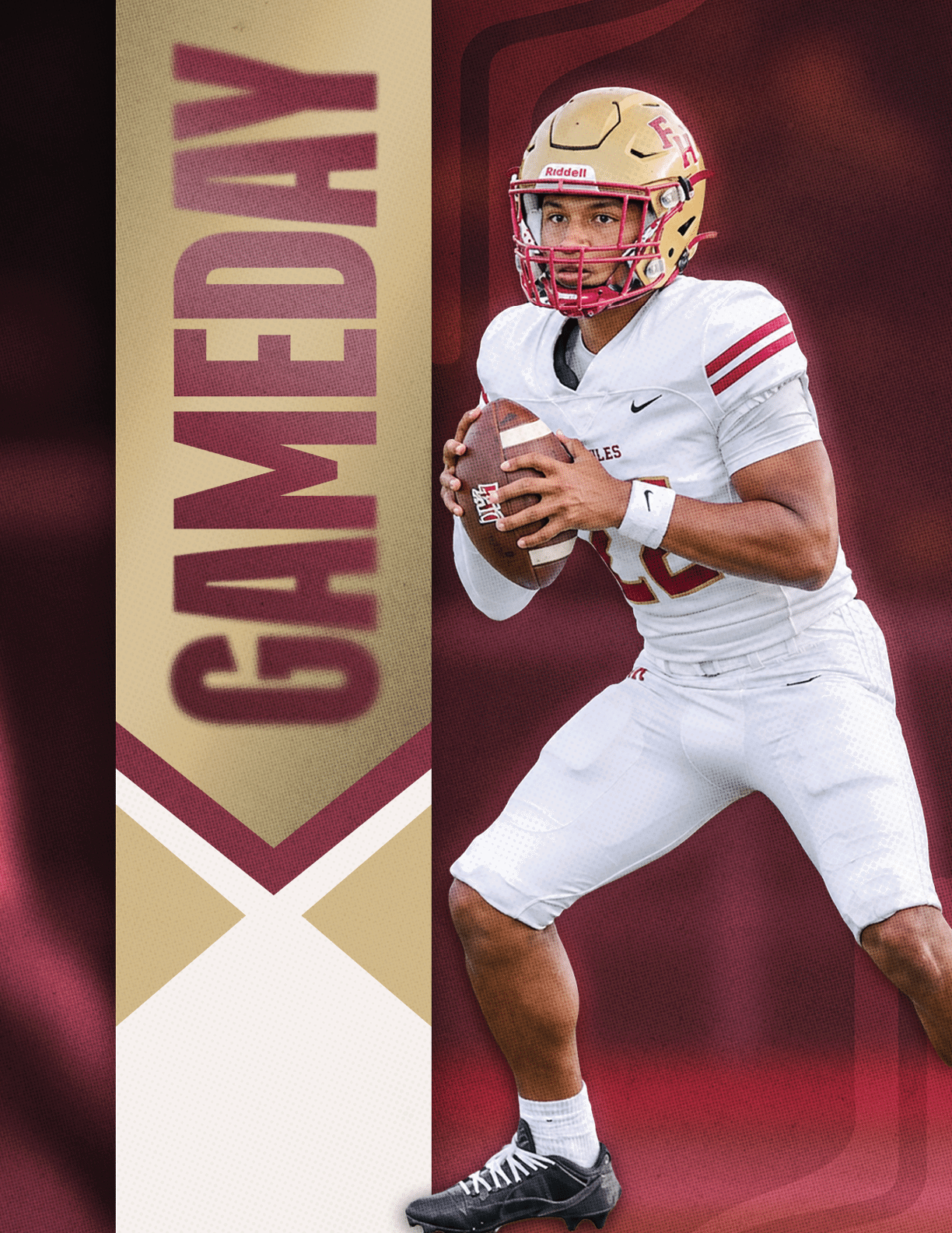 A person in a football uniform and helmet is holding a football in a ready-to-throw position next to a vertical banner with the word “GAMEDAY." Description generated by AI