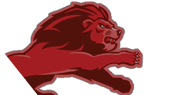 A stylized red lion with a dark mane is depicted in a dynamic, leaping pose. Description generated by AI