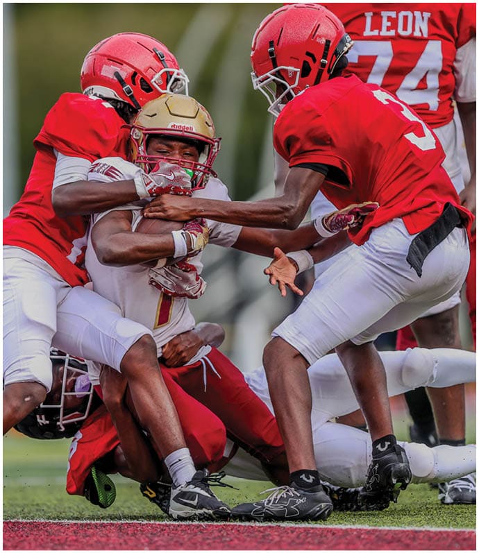 Several people in football uniforms are engaged in a close, intense tackle during a game on a grassy field. Description generated by AI