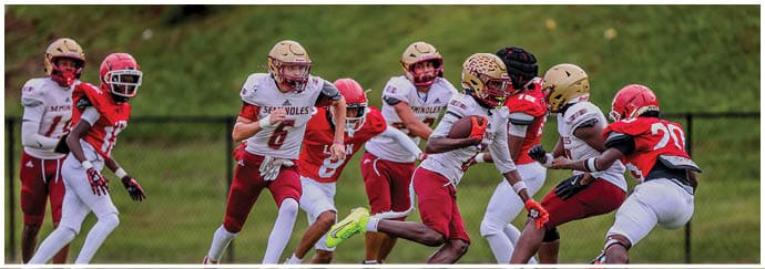 People wearing football helmets and uniforms are actively playing on a grassy field with a blurred green background. Description generated by AI