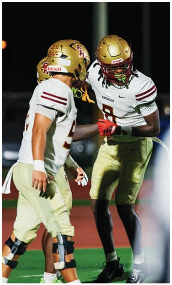 Two people wearing gold football helmets and white jerseys with “Seminoles" written on them are engaged in a conversation or huddle under bright lights. Description generated by AI