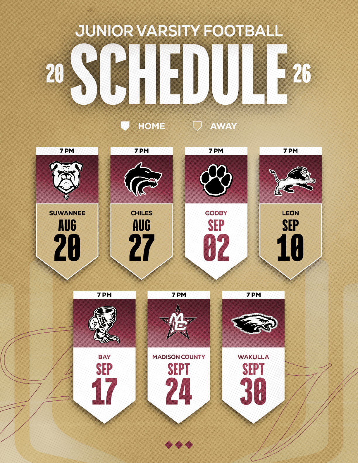 The 2026 junior varsity football schedule is displayed with team logos, game dates, and times, distinguishing home and away games on a beige background with a football field design. Description generated by AI