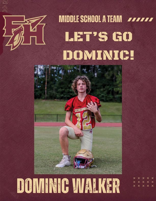 A person with curly hair wearing a red football jersey kneels on one knee on a grassy field with a gold helmet placed in front, surrounded by text supporting the middle school A team player named Dominic Walker. Description generated by AI