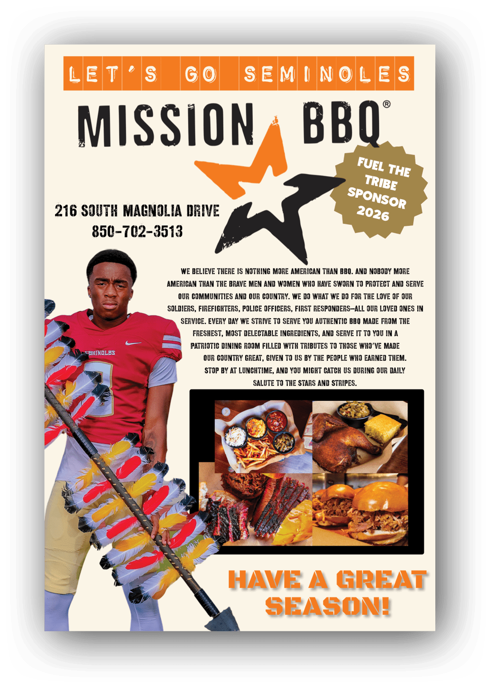 An adult wearing a red shirt and holding a large knife stands next to a table displaying various barbecue dishes with text promoting Mission BBQ and honoring American first responders and military service. Description generated by AI