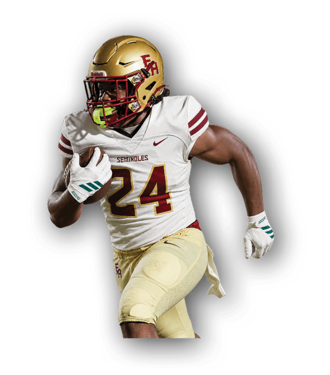 A person wearing a gold helmet and white football uniform with the number 24 is running while holding a football. Description generated by AI