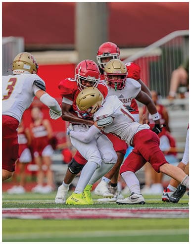 People wearing football uniforms are engaged in a tackle on a football field with blurred spectators and cheerleaders in the background. Description generated by AI