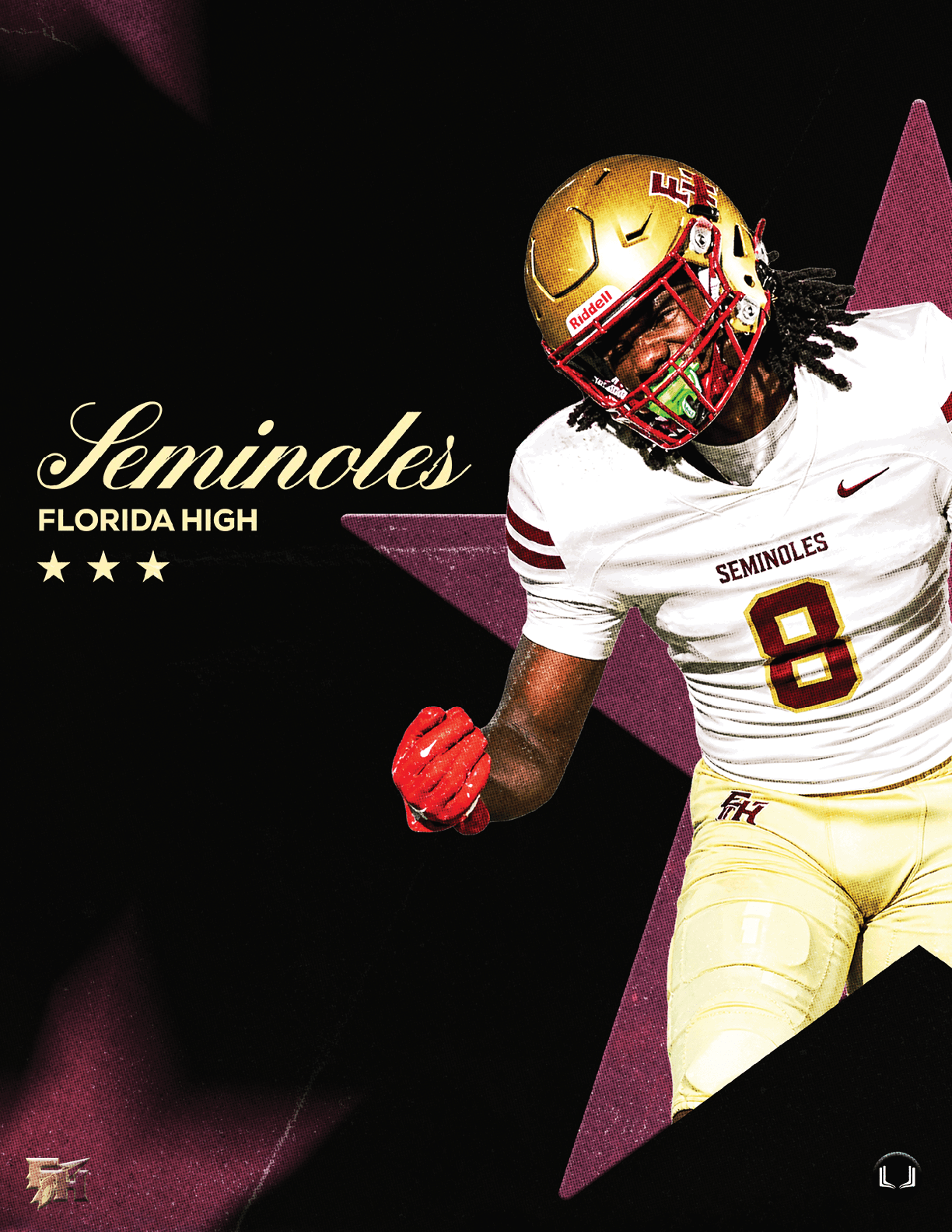 A person wearing a football uniform with a gold helmet and white jersey numbered 8 is posing with a clenched fist in front of a black background featuring a large maroon star and the text Seminoles Florida High with three stars. Description generated by AI