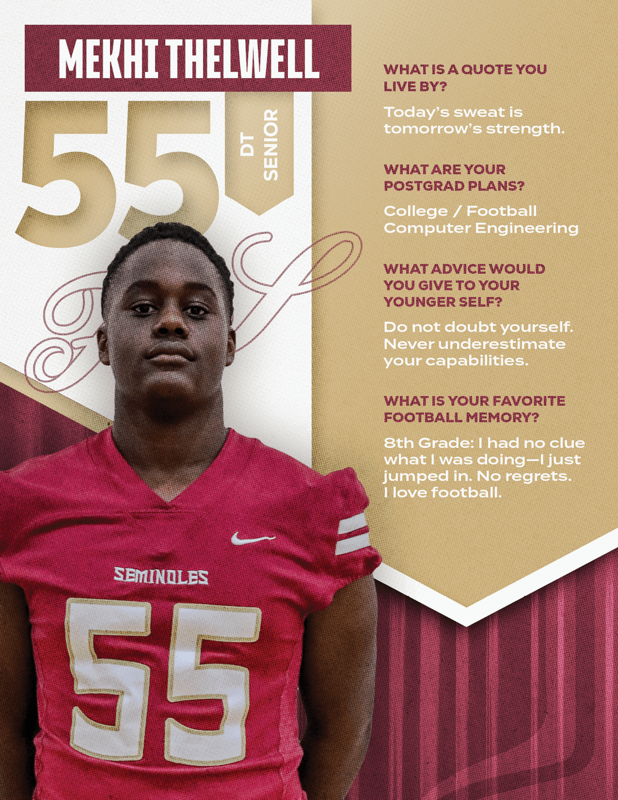 An adult wearing a maroon football jersey with the number 55 stands in front of a background displaying the name Mekhi Thelwell, class year senior, and text about quotes, postgrad plans, advice, and favorite football memory. Description generated by AI