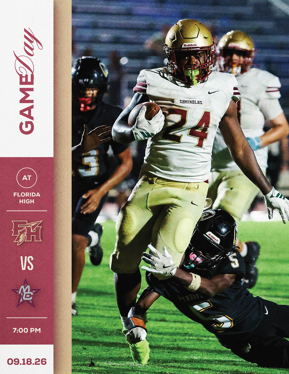 A person wearing a gold helmet and white football uniform with number 24 is running with a football while another person in a black uniform attempts to tackle them on a lit football field during a game between Florida High and another team. Description generated by AI