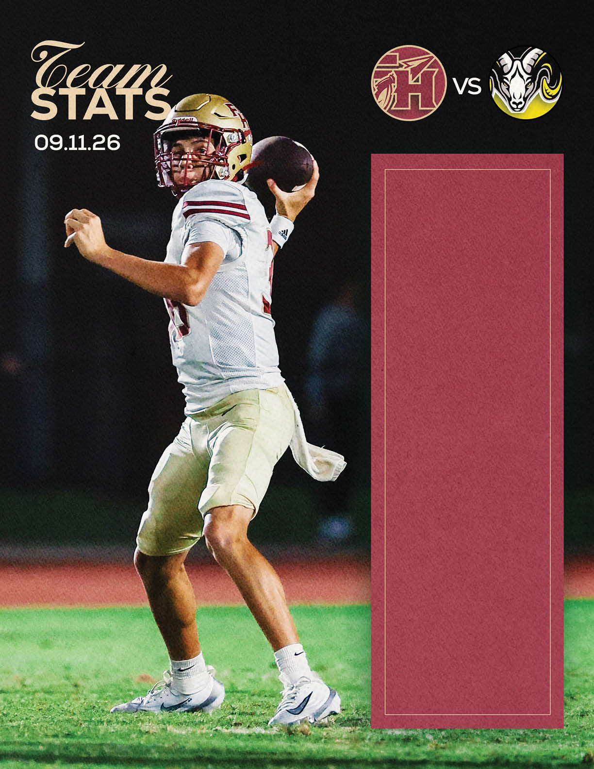 An adult athlete wearing a football uniform is preparing to throw a football on a field with a dark background, alongside graphic elements showing team logos and the date. Description generated by AI