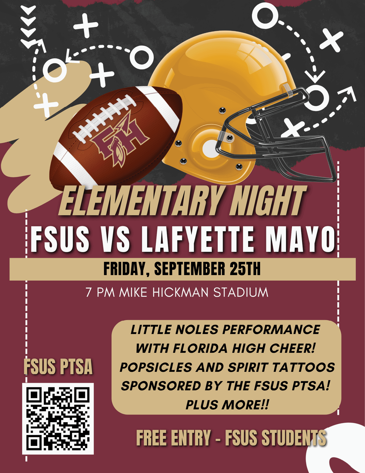 A colorful flyer promoting an elementary night football game between FSUS and Lafayette Mayo with details about the date, location, a Little Noles performance, cheer, popsicles, spirit tattoos, and free entry for FSUS students. Description generated by AI