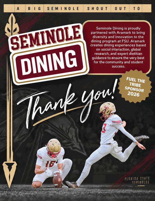 Two people in football uniforms are on a field with one kicking a ball held by the other, accompanied by text thanking Seminole Dining and highlighting a partnership with Aramark for diversity and innovation at Florida State Seminoles. Description generated by AI