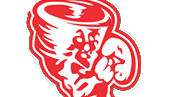 A stylized red lion with a dark mane is depicted in a dynamic, leaping pose. Description generated by AI