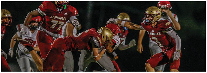 People wearing football helmets and uniforms are actively playing on a grassy field with a blurred green background. Description generated by AI