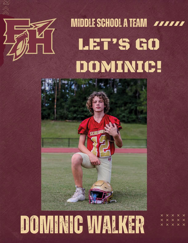 A person with curly hair wearing a red football jersey kneels on one knee on a grassy field with a gold helmet placed in front, surrounded by text supporting the middle school A team player named Dominic Walker. Description generated by AI