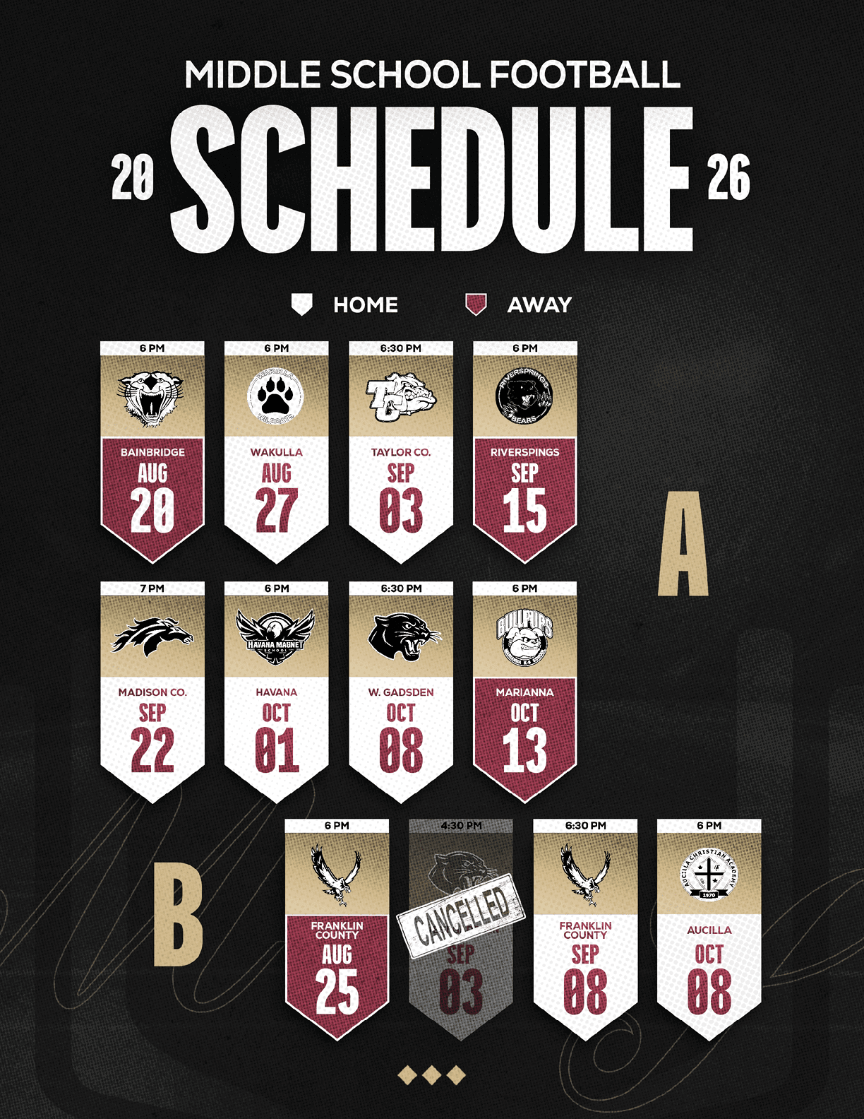 Middle school football schedule for 2026 with home and away games displayed on a dark background using maroon, white, and gold colors and featuring team logos and dates. Description generated by AI