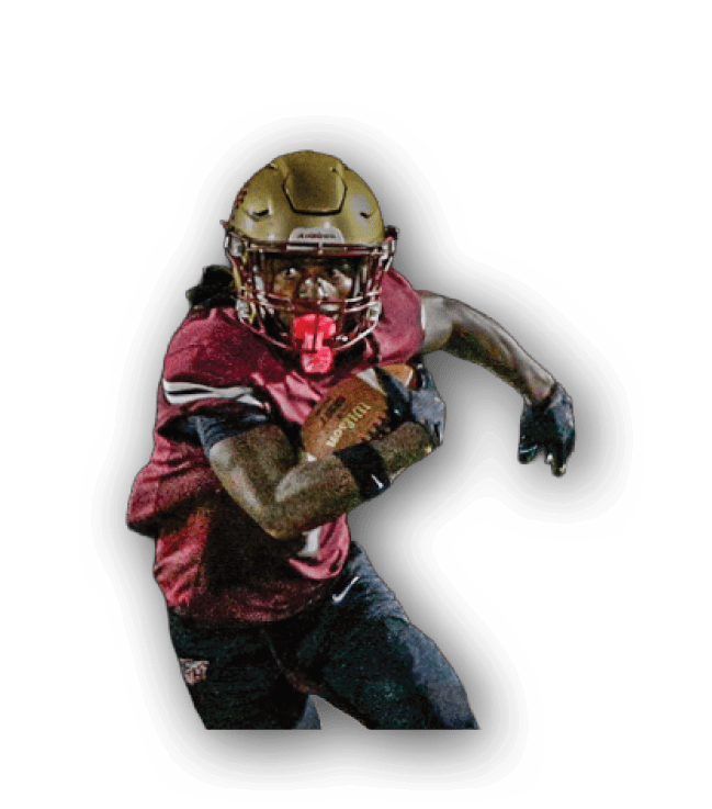 A person wearing a gold helmet and white football uniform with the number 24 is running while holding a football. Description generated by AI