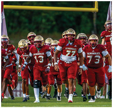 A person wearing a football helmet and a white jersey with “SEMINOLES" written on it is looking to the side. Description generated by AI