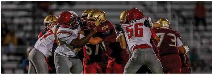 Several people wearing football uniforms are engaged in a play on a field with a red background. Description generated by AI