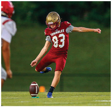 A person wearing a football helmet and uniform with the word Seminoles and the number 9 is kneeling on a football field while other players stand nearby. Description generated by AI