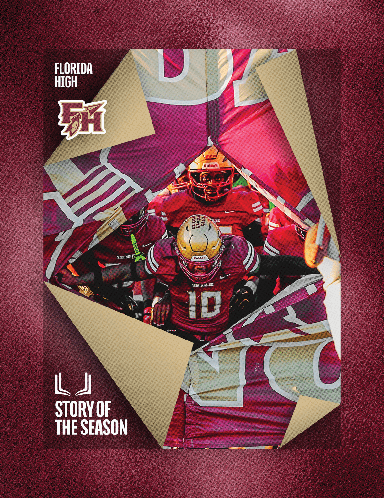 A person wearing a football uniform with a gold helmet and white jersey numbered 8 is posing with a clenched fist in front of a black background featuring a large maroon star and the text Seminoles Florida High with three stars. Description generated by AI