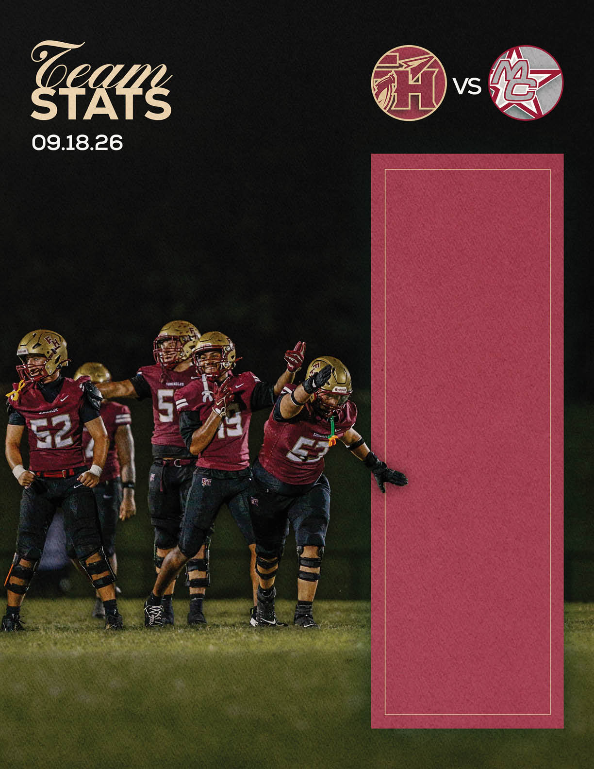An adult athlete wearing a football uniform is preparing to throw a football on a field with a dark background, alongside graphic elements showing team logos and the date. Description generated by AI