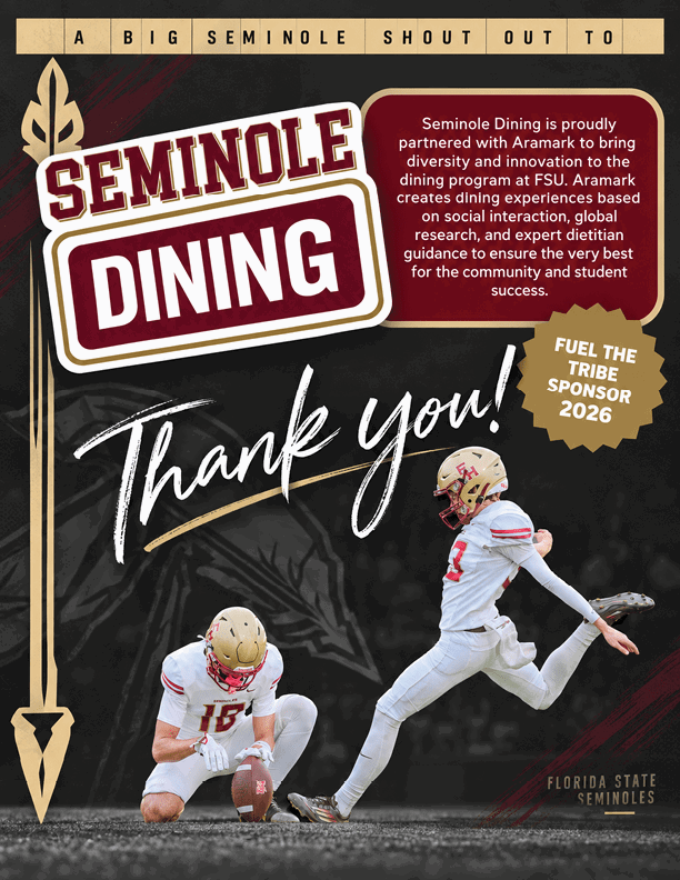 Two people in football uniforms are on a field with one kicking a ball held by the other, accompanied by text thanking Seminole Dining and highlighting a partnership with Aramark for diversity and innovation at Florida State Seminoles. Description generated by AI