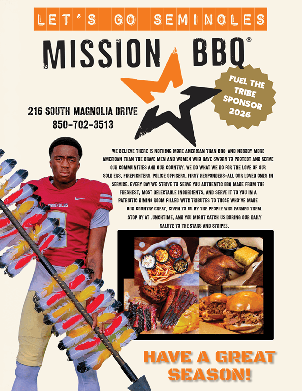 Two people in football uniforms are on a field with one kicking a ball held by the other, accompanied by text thanking Seminole Dining and highlighting a partnership with Aramark for diversity and innovation at Florida State Seminoles. Description generated by AI
