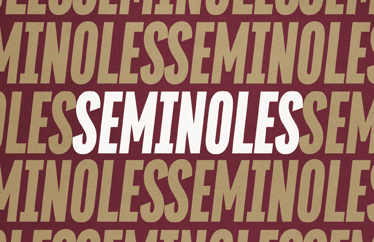 Two people in football uniforms are on a field with one kicking a ball held by the other, accompanied by text thanking Seminole Dining and highlighting a partnership with Aramark for diversity and innovation at Florida State Seminoles. Description generated by AI