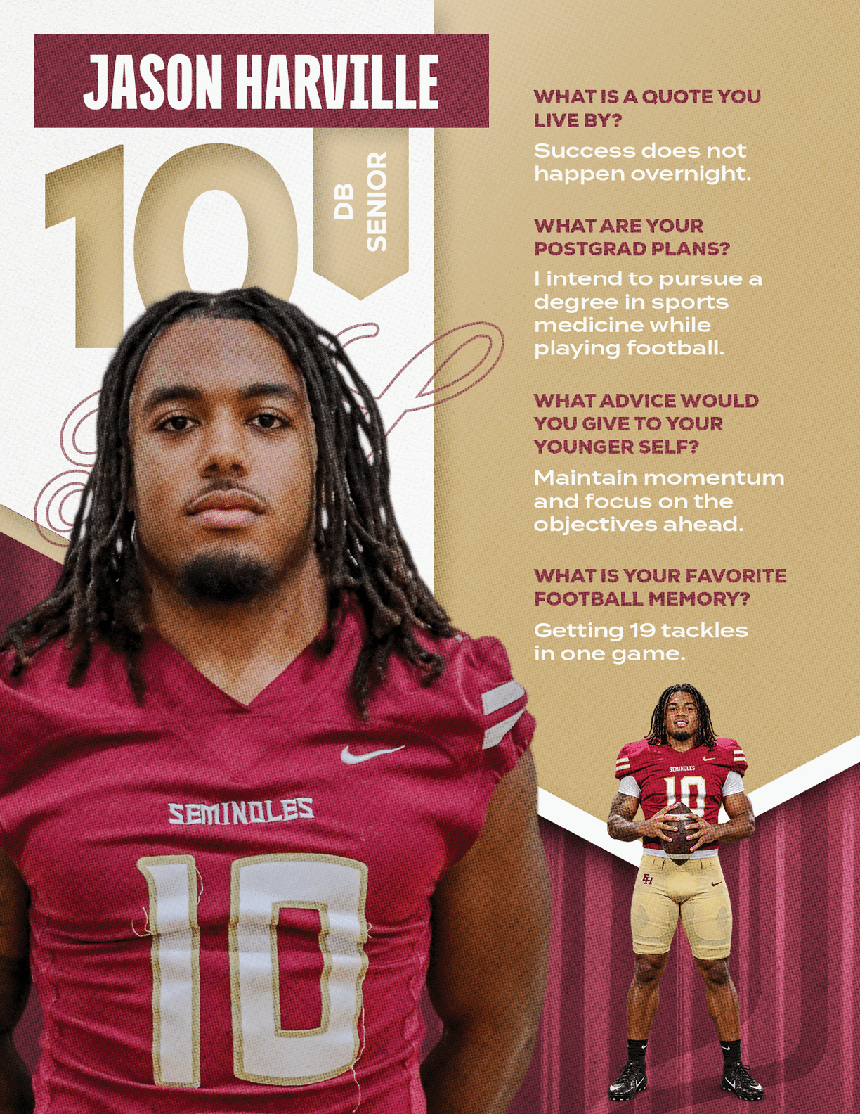 An adult with long dreadlocks wearing a maroon football jersey with the number 10 stands confidently next to text sharing quotes about success, postgraduate plans, advice, and a favorite football memory. Description generated by AI